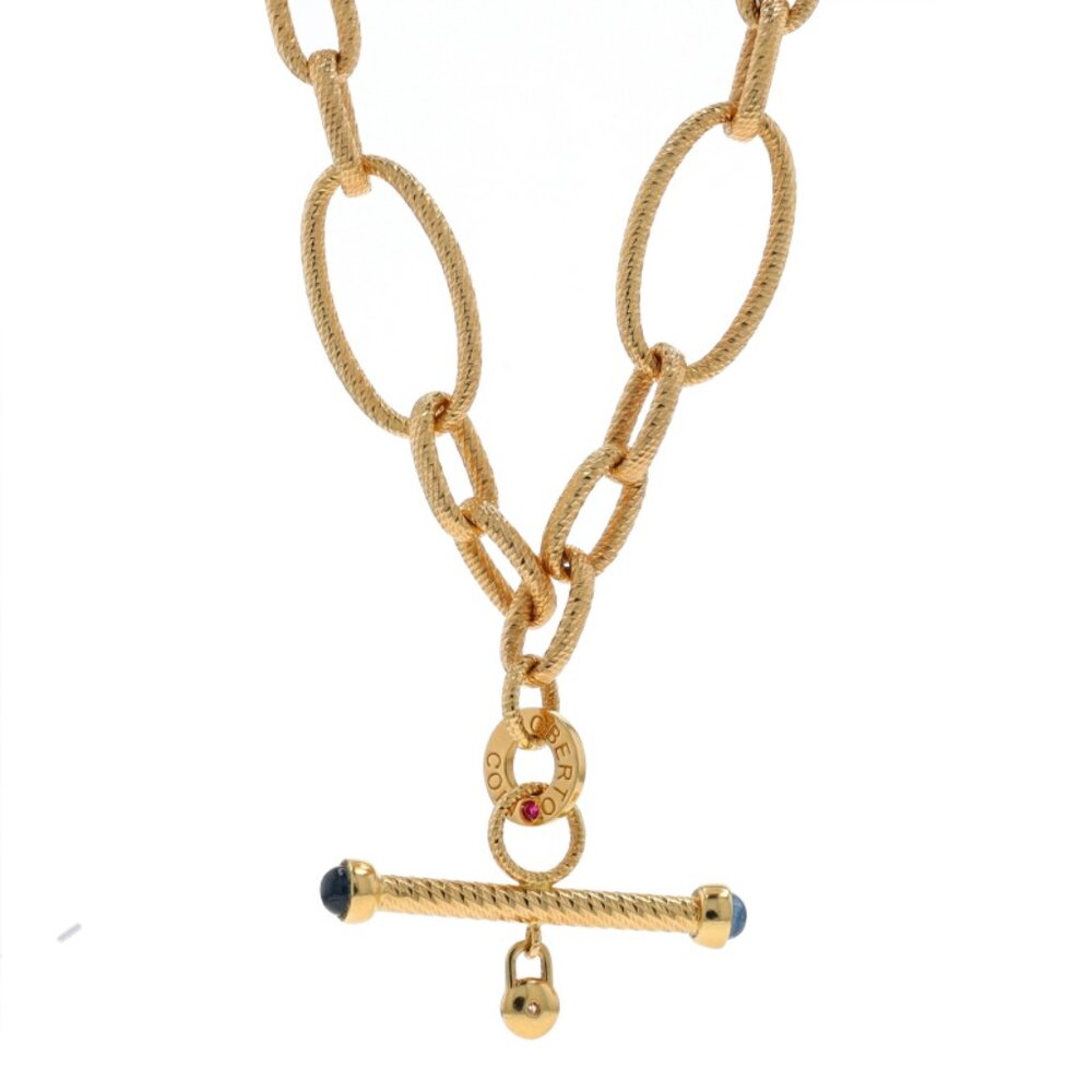 Roberto Coin Textured Oval Toggle Sapphire Dia Necklace 28 1/2" Yellow Gold 18k